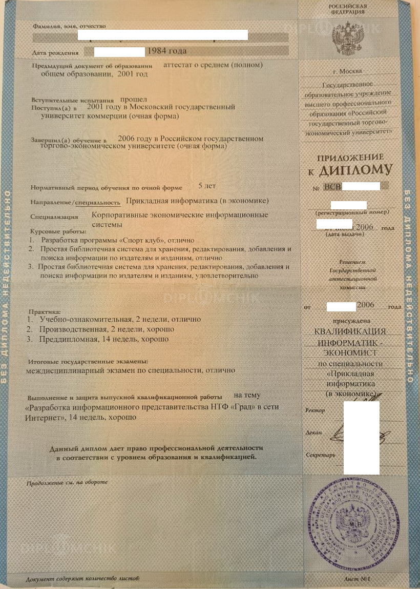 Приложение к диплому РГТЭУ по специальности Прикладная информатика в экономике (2006 г.)